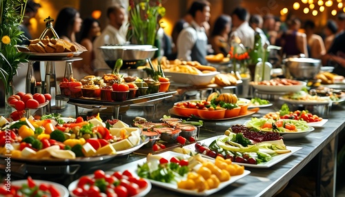 A sumptuous buffet, complete with salads, main courses, and desserts, a scene where guests gather.