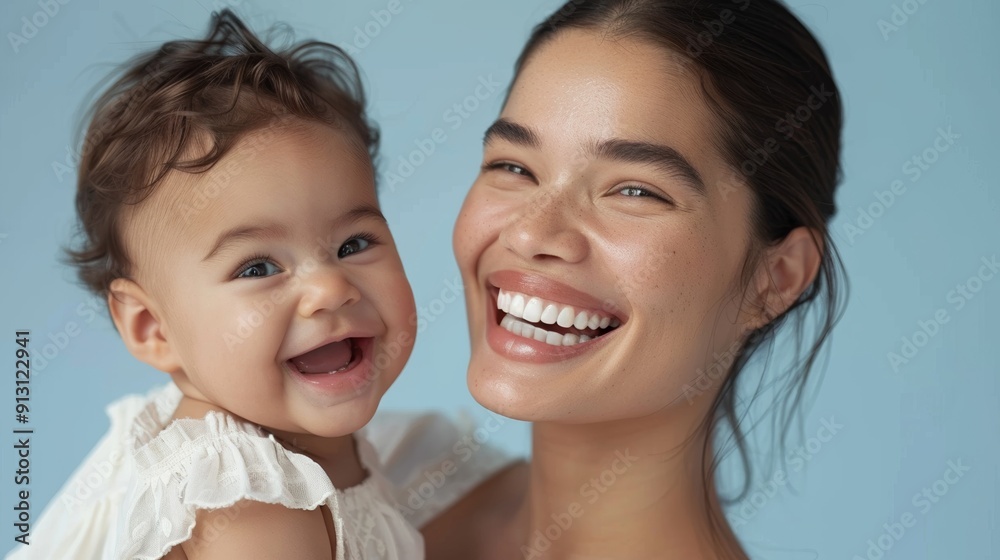 Warm and tender interaction of a mother and her smiling baby, beautifully showcased in a serene studio. Warm and tender interaction of a mother and her smiling baby, beautifully showcased in a serene studio.