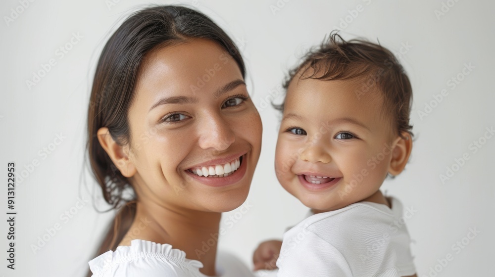 Loving gaze of a mother towards her beaming baby, capturing their mutual affection in a light-filled studio. Loving gaze of a mother towards her beaming baby, capturing their mutual affection in a light-filled studio.