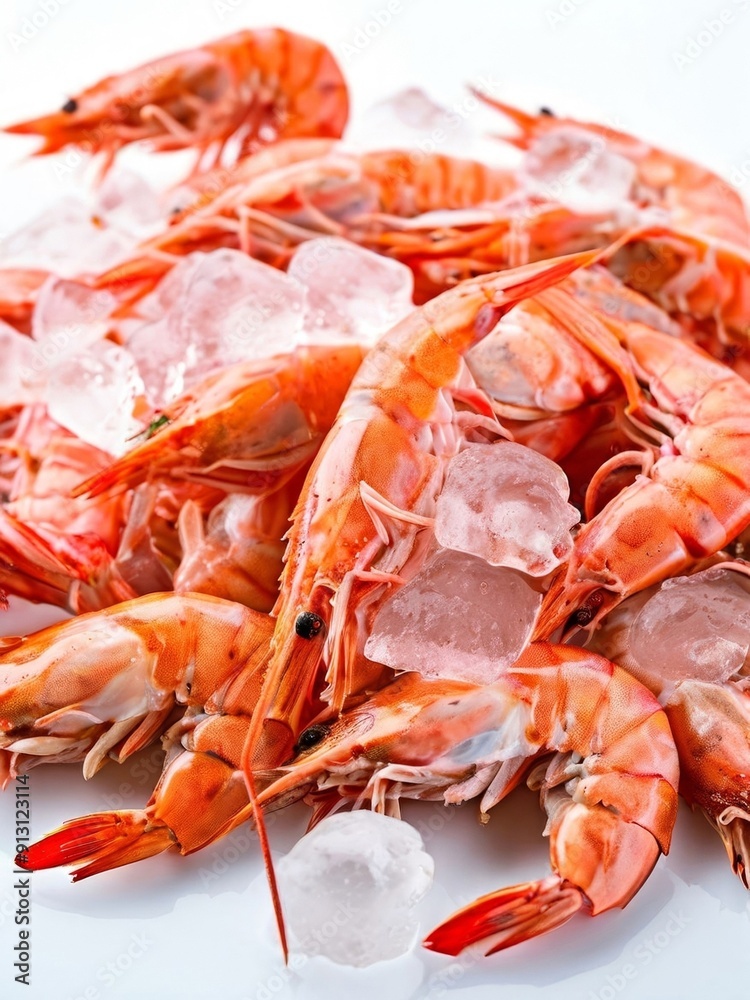 Shrimp served on ice, on a white background. AI generated. Shrimp served on ice, on a white background. AI generated.