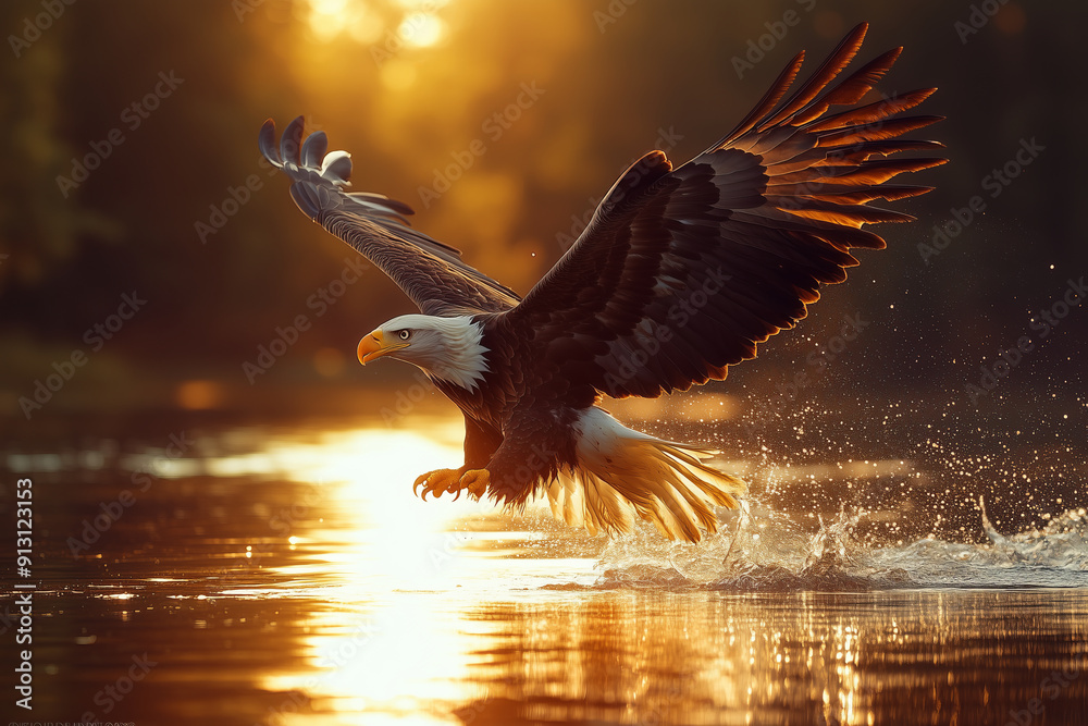 Fototapeta premium Eagle catches fish from the water, flying over the lake at sunset.