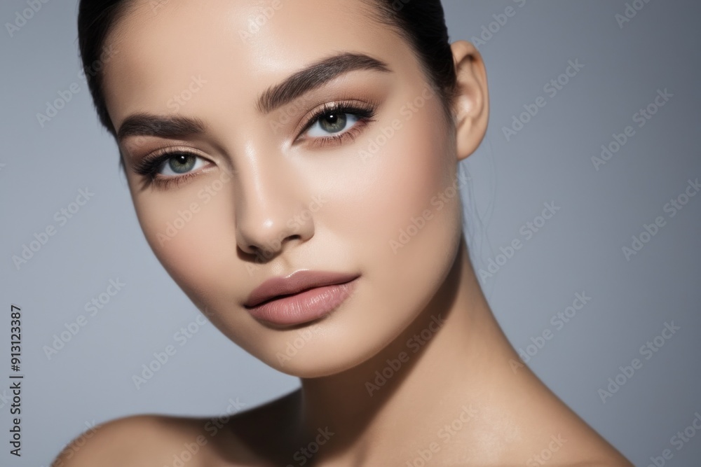 Close-up portrait of a woman with flawless skin and defined eyebrows, showcasing her piercing blue eyes and natural beauty in a subtle makeup look Close-up portrait of a woman with flawless skin and defined eyebrows, showcasing her piercing blue eyes and natural beauty in a subtle makeup look
