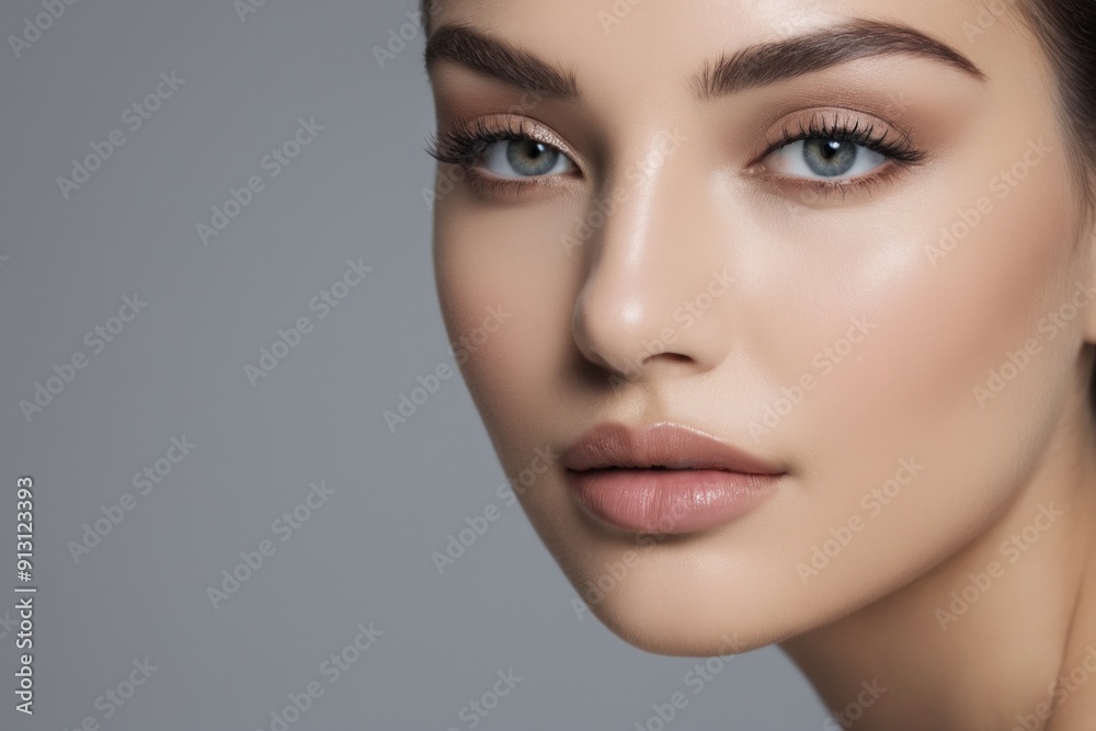 Naklejka premium Close-up portrait of woman with soft makeup and grey eyes. Flawless skin, natural-looking makeup, neutral expression, plain grey background