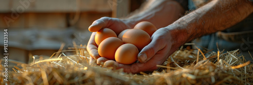 Closeup of farmer's hands collecting fresh eggs on the farm.