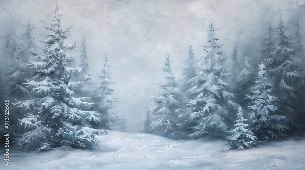 Naklejka premium Serene Winter Wonderland Landscape with Snow-Covered Pine Trees in a Misty Forest Setting
