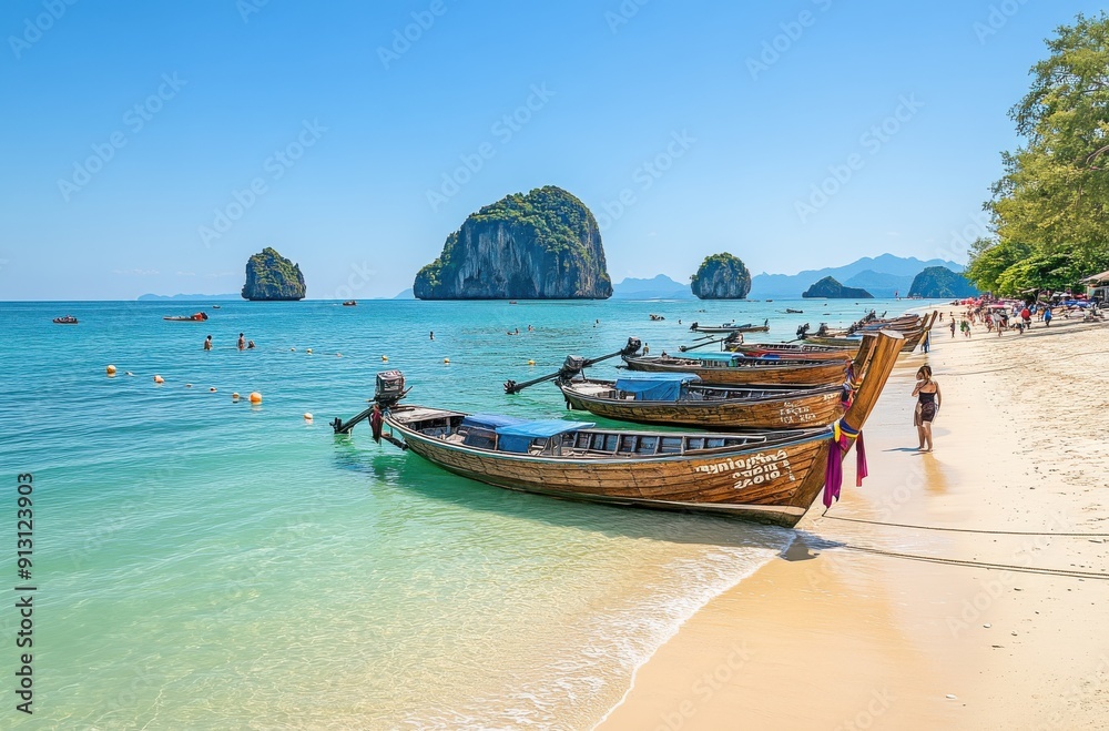 Fototapeta premium people on a beach, boats and long-tail boats at sea under a clear sky