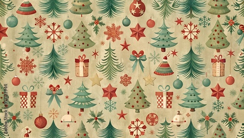 Vintage Christmas Pattern with Trees, Stars, and Presents in Soft Colors