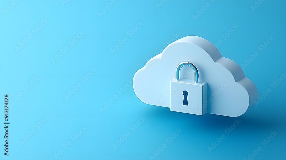 Secured cloud storage concept with a cloud icon and lock on a blue background, representing data protection and online security. Secured cloud storage concept with a cloud icon and lock on a blue background, representing data protection and online security.