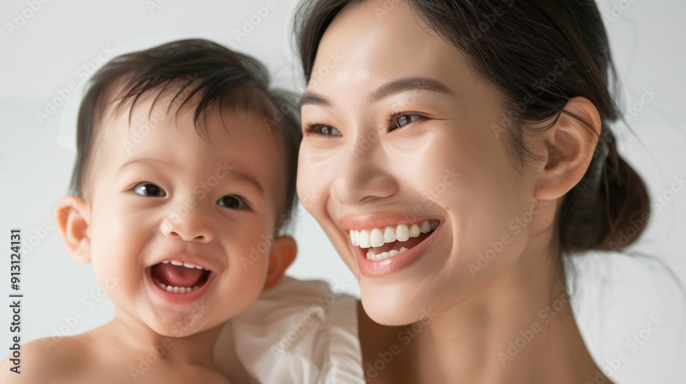 Gentle interaction between an Asian mother and her beaming baby, beautifully portrayed in a studio setting. Gentle interaction between an Asian mother and her beaming baby, beautifully portrayed in a studio setting.