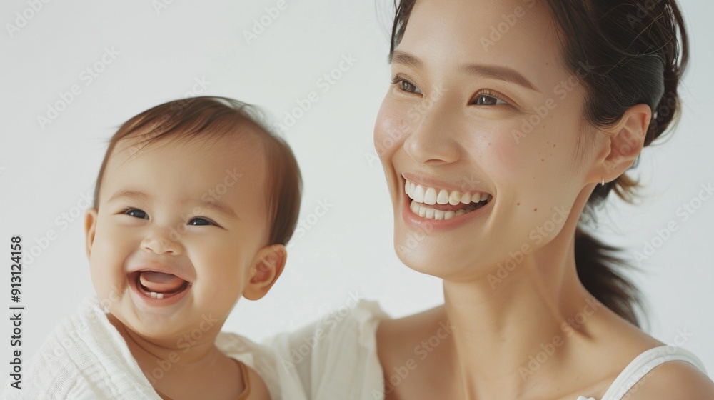 Studio portrait of an Asian mother and her delighted baby, both radiating joy and affection.