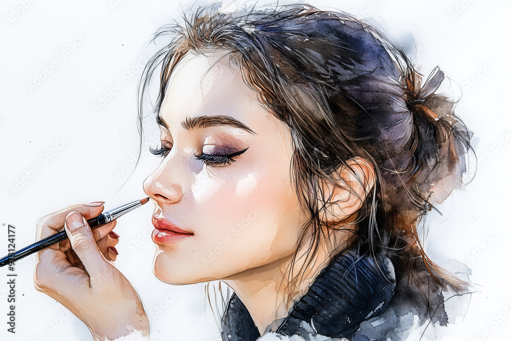 Obraz premium Watercolor painting of woman doing makeup, makeup artist