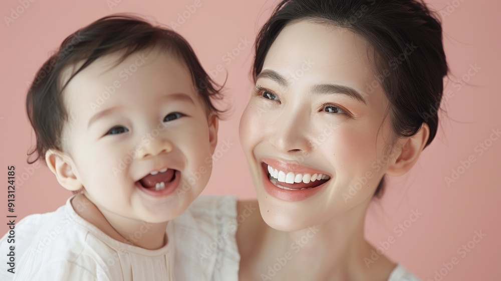 Affectionate interaction between an Asian mother and her smiling baby, highlighted in a serene studio environment. Affectionate interaction between an Asian mother and her smiling baby, highlighted in a serene studio environment.