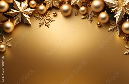 Christmas gold background with balls and snowflakes, located at the top, plenty of free space for text. A festive winter backdrop for your business.