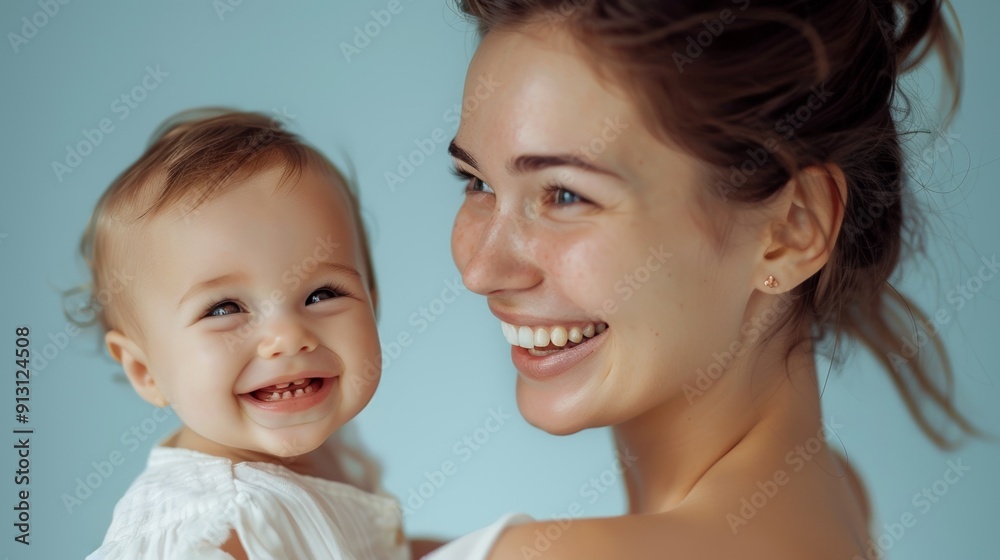 Reflecting their affectionate bond, a joyful studio portrait of a mother and her smiling baby. Reflecting their affectionate bond, a joyful studio portrait of a mother and her smiling baby.