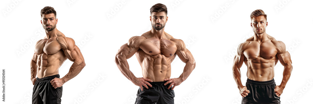 Set of A muscular man in fitness attire, posing confidently isolated on transparent background (3) Set of A muscular man in fitness attire, posing confidently isolated on transparent background (3)