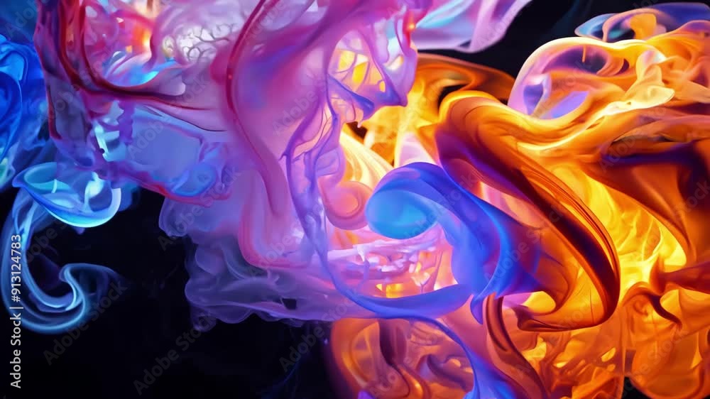 A colorful smoke cloud dances in front of a black background, as seen from the perspective of a first-person view drone. A colorful smoke cloud dances in front of a black background, as seen from the perspective of a first-person view drone.