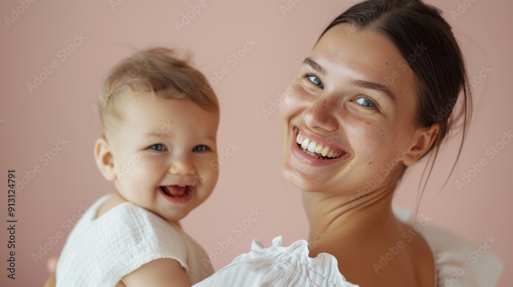 Joyful smiles shared between a mother and her delighted baby in a serene studio environment. Joyful smiles shared between a mother and her delighted baby in a serene studio environment.