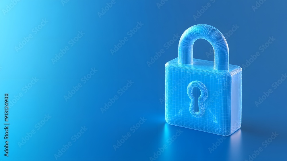 Transparent blue padlock on a blue gradient background symbolizing security, protection, and technology. Modern and minimalist design. Transparent blue padlock on a blue gradient background symbolizing security, protection, and technology. Modern and minimalist design.