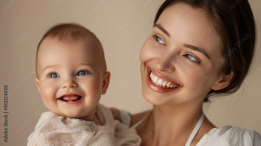 The joyful bond of a mother and her smiling baby is beautifully reflected in a light studio setting. The joyful bond of a mother and her smiling baby is beautifully reflected in a light studio setting.