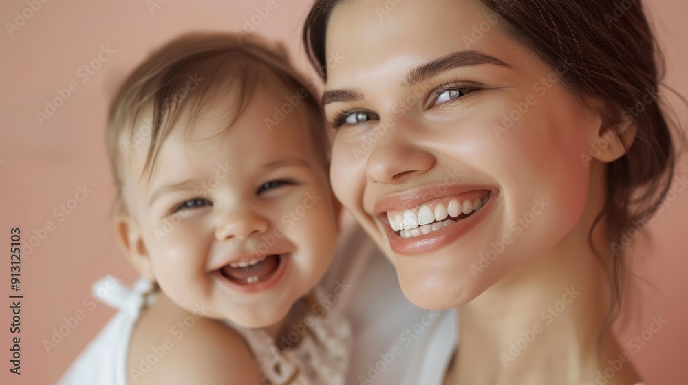 The loving connection between a mother and her joyful baby is beautifully depicted in a light-filled studio. The loving connection between a mother and her joyful baby is beautifully depicted in a light-filled studio.
