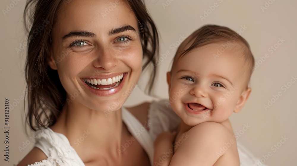 Tender and warm, the studio portrait of a mother and her happy baby radiates mutual affection. Tender and warm, the studio portrait of a mother and her happy baby radiates mutual affection.