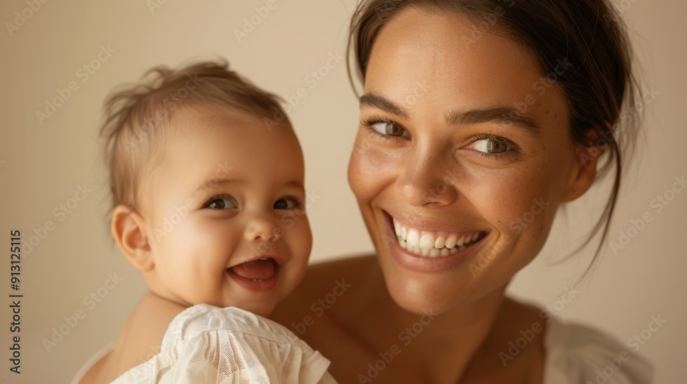 Tender and warm, the studio portrait of a mother and her happy baby radiates mutual affection. Tender and warm, the studio portrait of a mother and her happy baby radiates mutual affection.