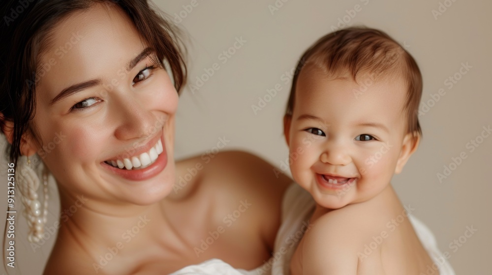 The loving connection between a mother and her joyful baby is beautifully depicted in a light-filled studio. The loving connection between a mother and her joyful baby is beautifully depicted in a light-filled studio.
