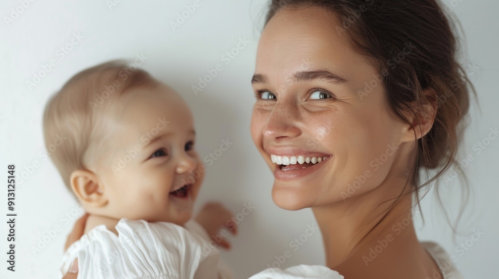 The gentle smiles of a mother and her joyful baby reflect a deep emotional bond in a bright studio. The gentle smiles of a mother and her joyful baby reflect a deep emotional bond in a bright studio.