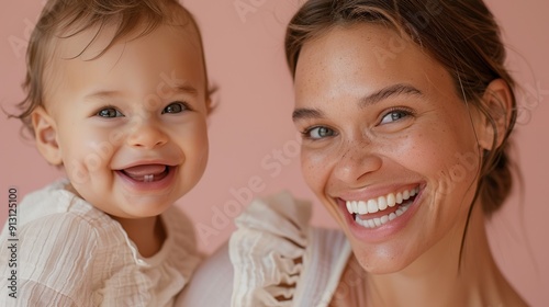 A mother's affectionate smile towards her beaming baby highlights their deep bond in a serene studio.