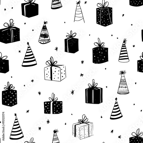 Wrapped presents and party hats in a symmetrical pattern, seamless pattern vector