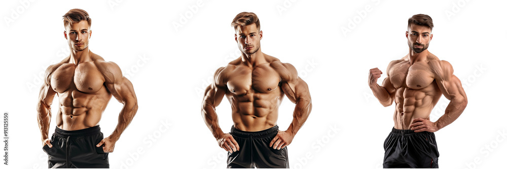 Set of A muscular man in fitness attire, posing confidently isolated on transparent background Set of A muscular man in fitness attire, posing confidently isolated on transparent background