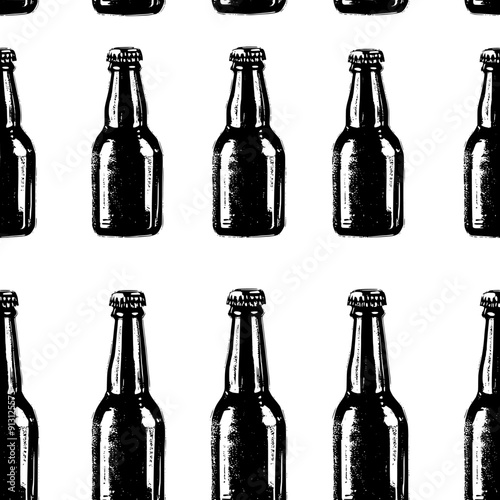 Bottles of beer in a consistent pattern across the surface, seamless pattern vector