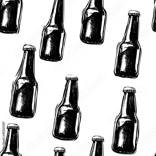 Bottles of beer in a consistent pattern across the surface, seamless pattern vector