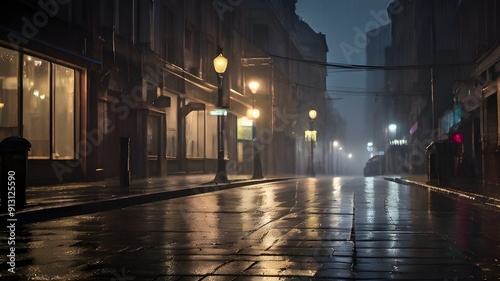 A dark and moody street, illuminated by the glow of streetlights and the pouring rain, creating a sense of mystery and intrigue.