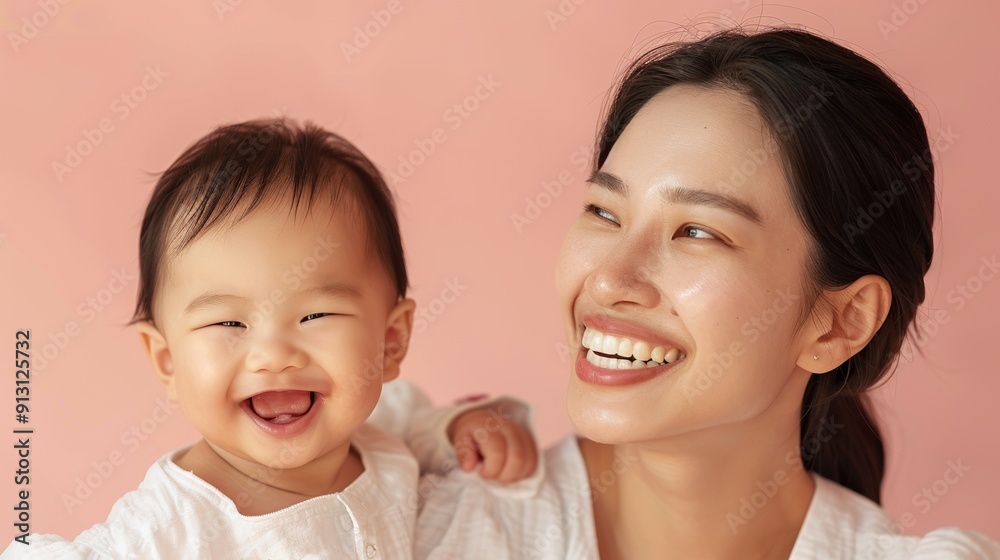 Endearing portrait of an Asian mother and her delighted baby, emphasizing their loving connection and joyful interaction. Endearing portrait of an Asian mother and her delighted baby, emphasizing their loving connection and joyful interaction.