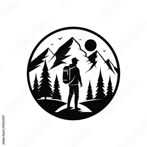Mountain tracking or hiking icon isolated on white background, Silhouette of a hiker traversing ridge vector