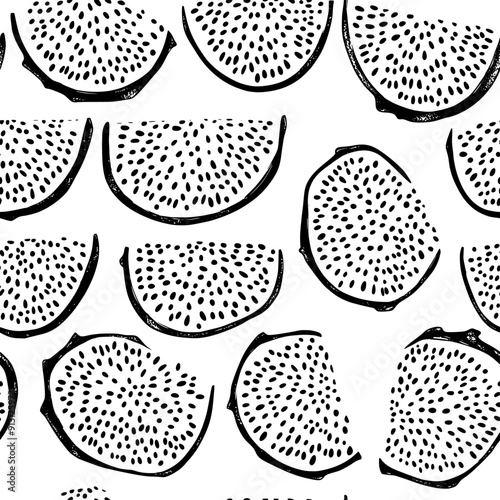 Cross-sections of dragon fruit with seeds in a uniform pattern, seamless pattern vector