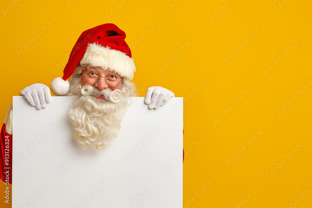 Happy Santa Claus Holding Blank Sign on Yellow Background Happy Santa Claus Holding Blank Sign on Yellow Background