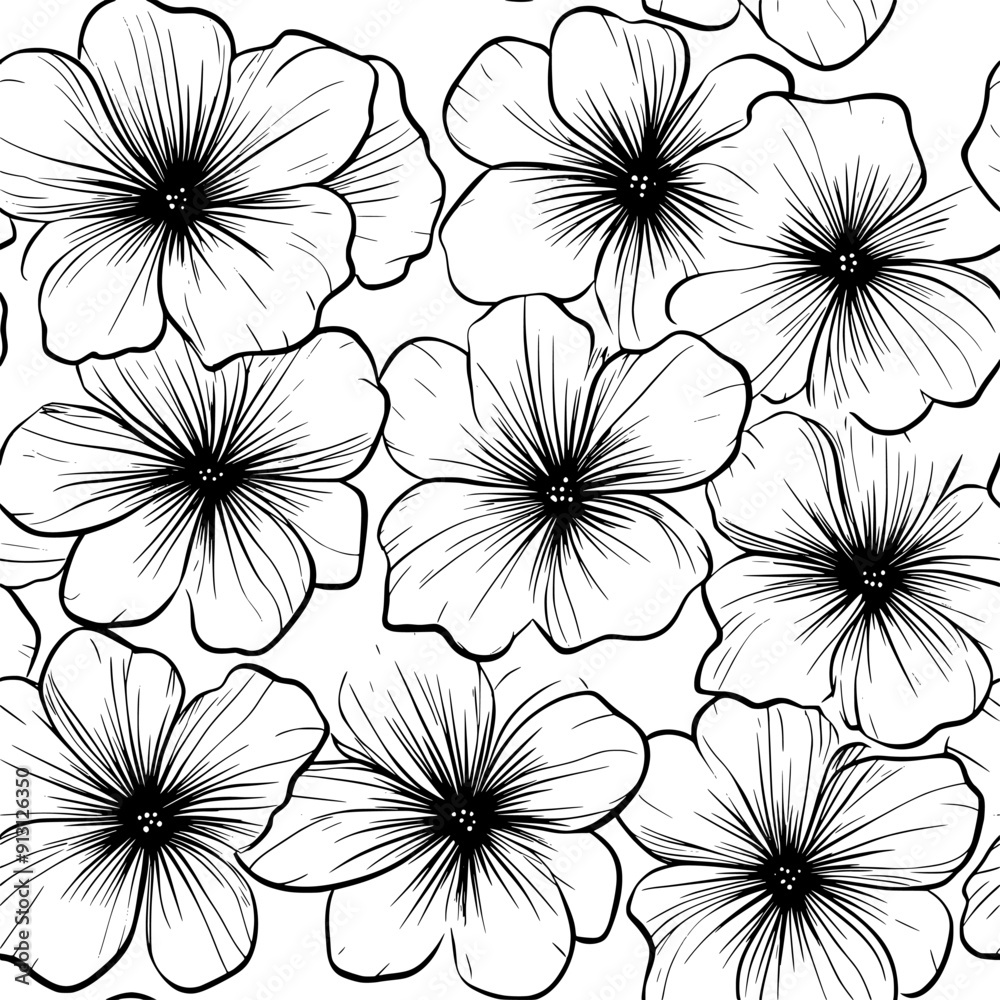 Fototapeta premium Floral outlines in a repetitive, evenly spaced pattern, seamless pattern vector