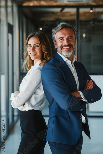 A mature businessman and a young businesswoman stand with arms crossed side by side, looking at the camera smiling.