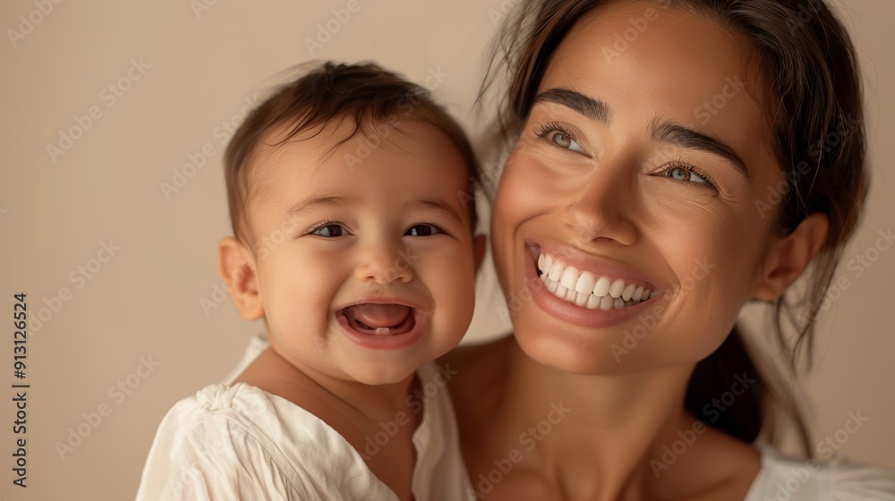 A joyful interaction between a mother and her smiling baby is elegantly showcased in a bright studio setting. A joyful interaction between a mother and her smiling baby is elegantly showcased in a bright studio setting.