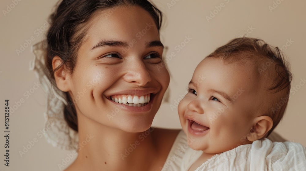 The warmth of a mother's smile and her baby's joyful expression shine brightly in a light-filled studio. The warmth of a mother's smile and her baby's joyful expression shine brightly in a light-filled studio.