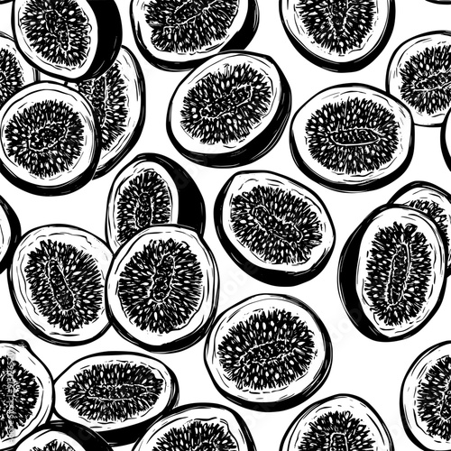 Halved passion fruits with seeds in a repetitive pattern, seamless pattern vector