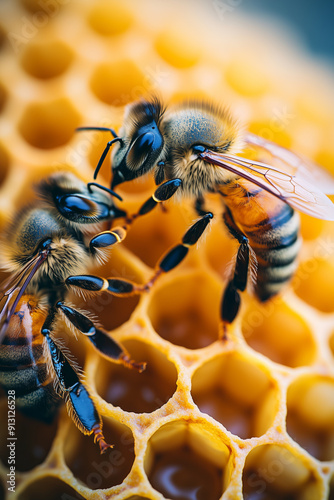 Closeup of bees transporting honey on a beehive. photo