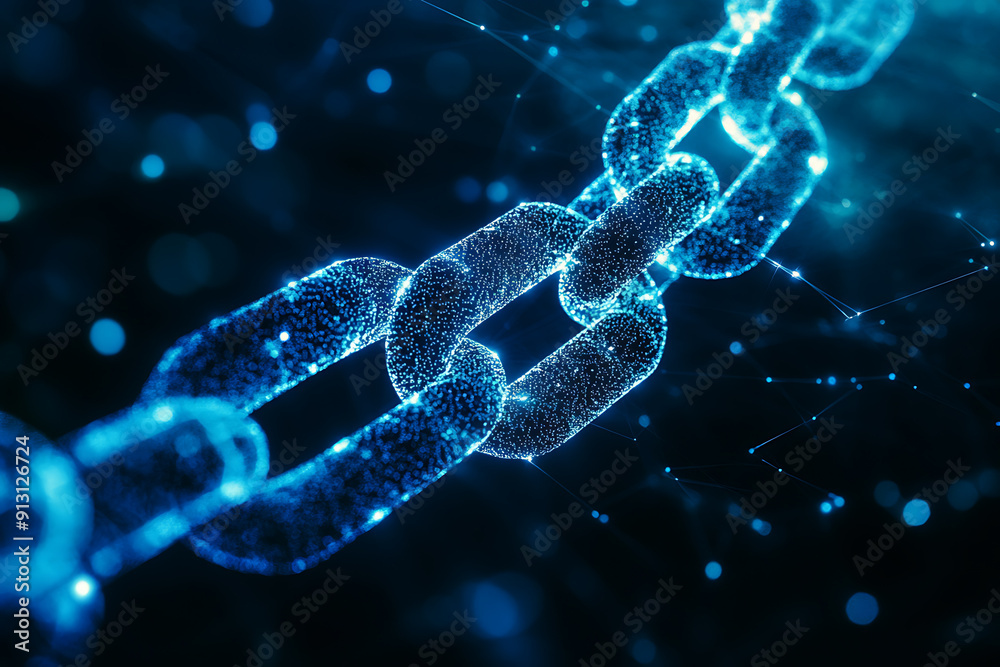 An abstract digital background banner featuring a chain with connecting data points in blue and black colors. An abstract digital background banner featuring a chain with connecting data points in blue and black colors.