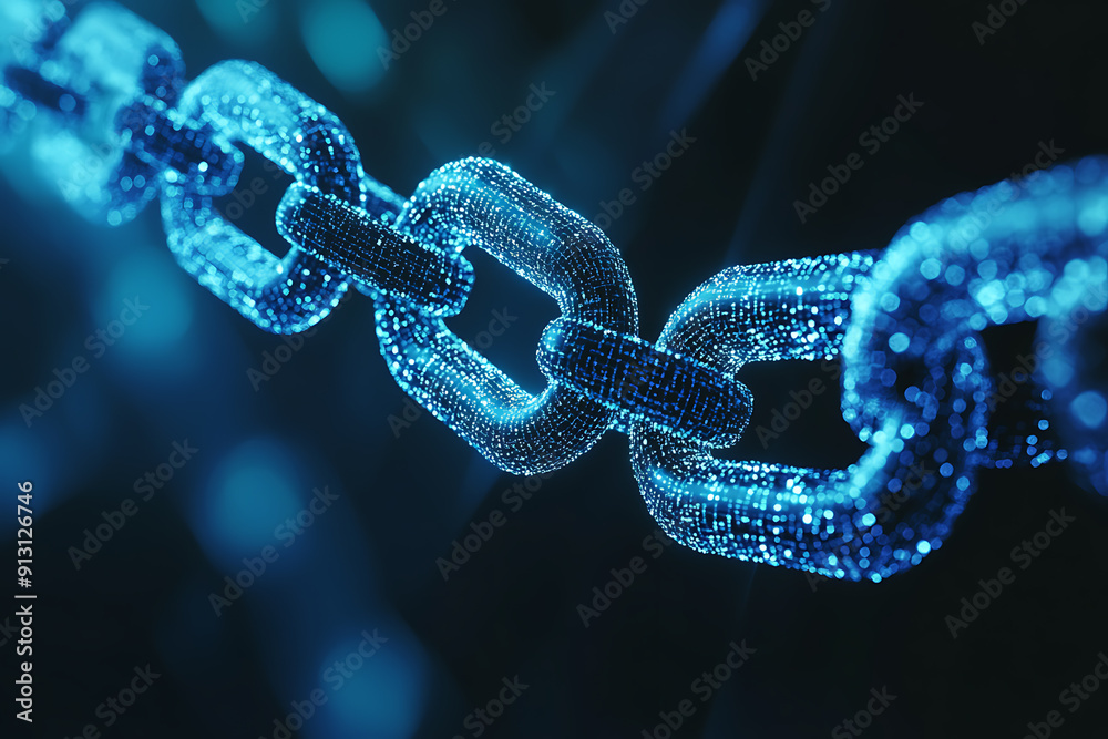 An abstract digital background banner featuring a chain with connecting data points in blue and black colors. An abstract digital background banner featuring a chain with connecting data points in blue and black colors.