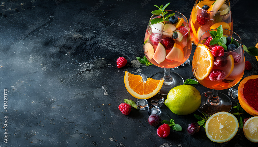 Sangria and ingredients in glasses, copy space Sangria and ingredients in glasses, copy space