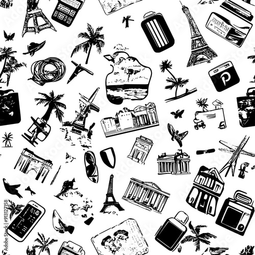 Pattern of travel blogs and social media travel posts, seamless pattern vector