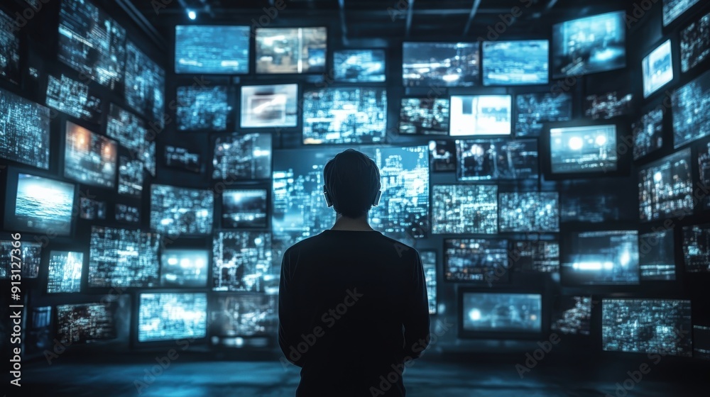 A person stands captivated by an array of illuminated screens showcasing vibrant cityscapes after dark A person stands captivated by an array of illuminated screens showcasing vibrant cityscapes after dark
