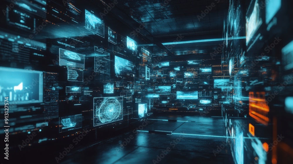Fototapeta premium A control room showcases multiple digital displays, projecting data visualizations and holographic interfaces in a high-tech environment